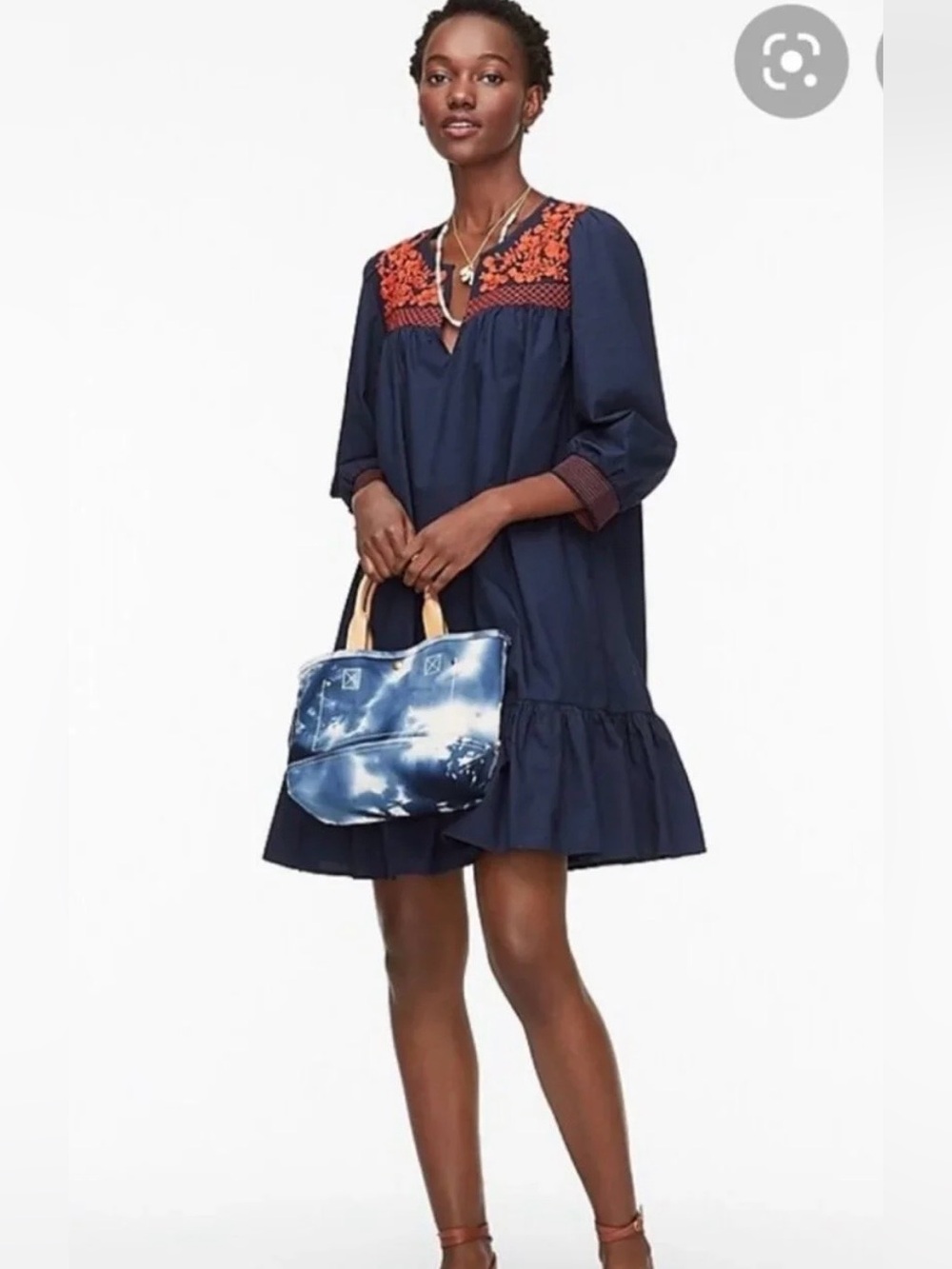 J. Crew Navy Embroidered Popover Ruffle Hem Dress - size XS